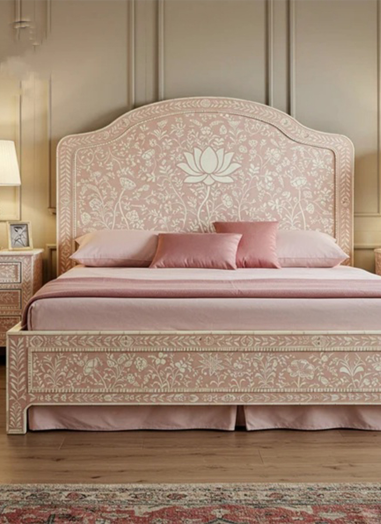 Handmade Luxury Bone Inlay Wood Pink King Bed