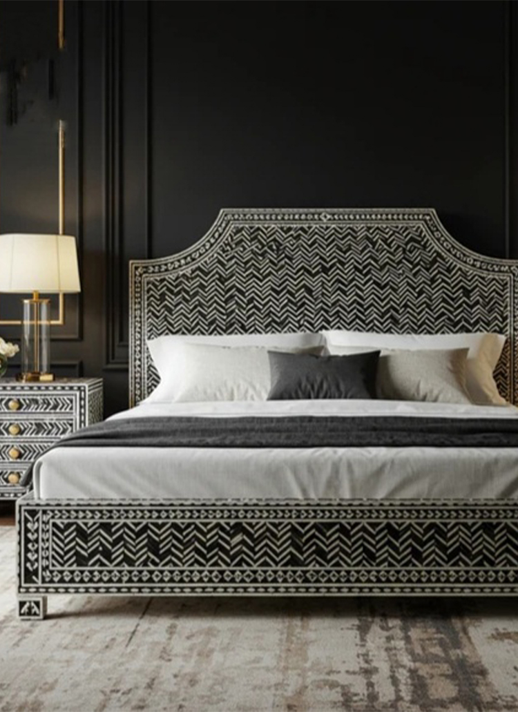 Handmade Luxury Bone Inlay Wood Pink King Bed