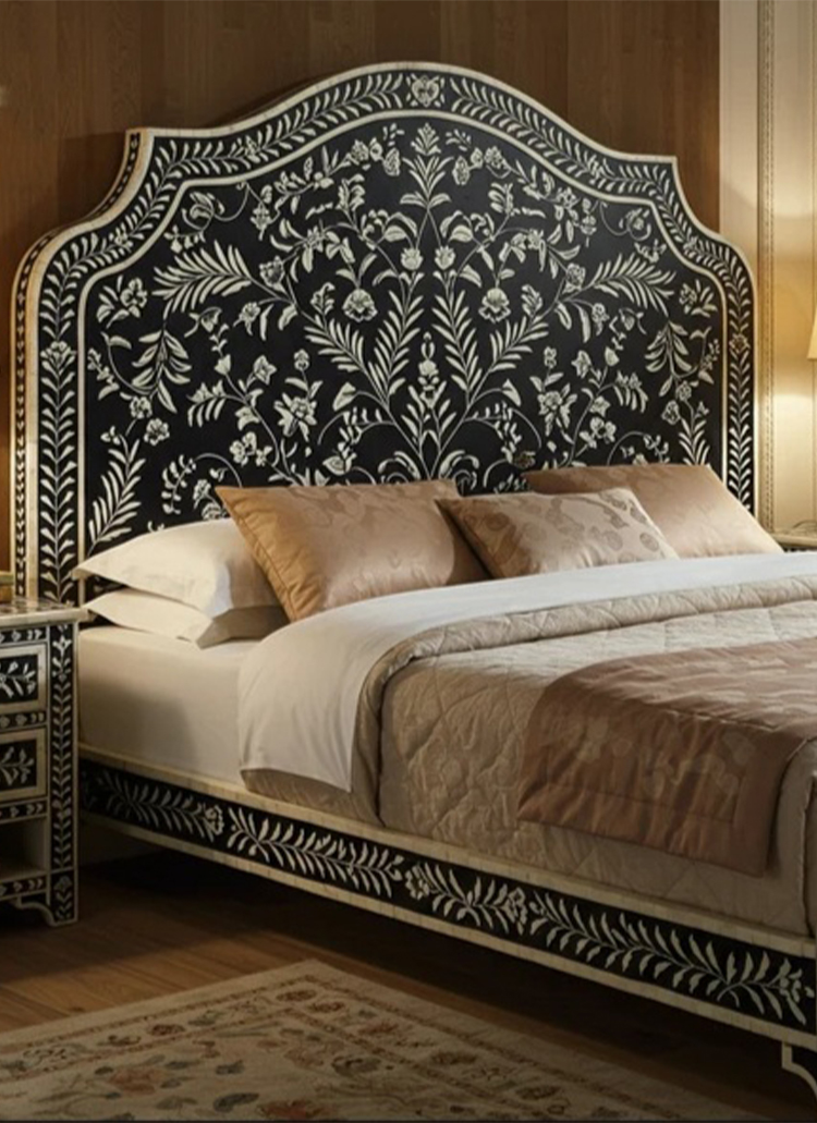 Handmade Luxury Bone Inlay Wood King Bed