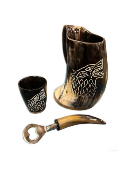 Handcrafted Viking Horn Mug Gift Set with Shot Cup & Horn Bottle Opener