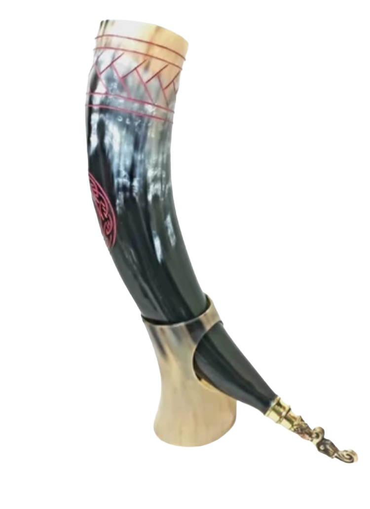 Handcrafted Engraved Viking Drinking Horn with Stand