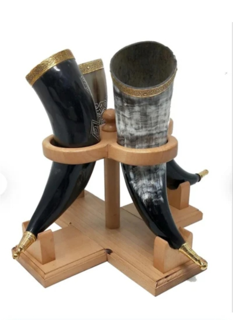 Handcrafted Viking Horn Drinking Cup Set with Wooden Stand