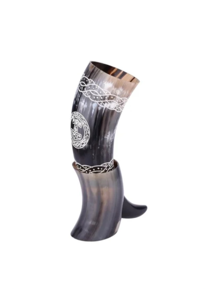 Handcrafted Engraved Viking Drinking Horn with Stand