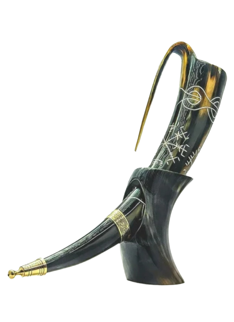 Handcrafted Engraved Viking Drinking Horn with Stand