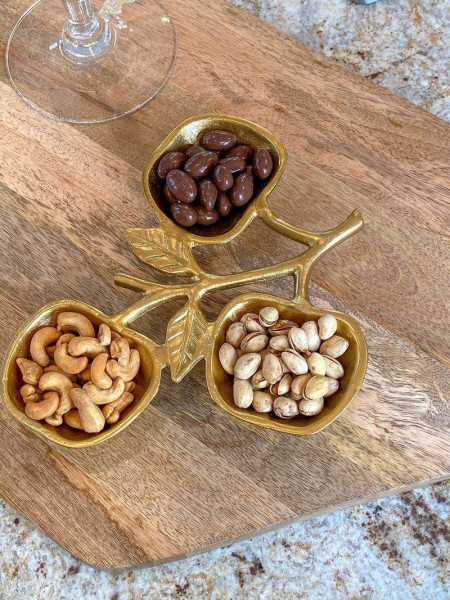 Decorative Serving Tray with 3 Bowls, Gold Leaf Design