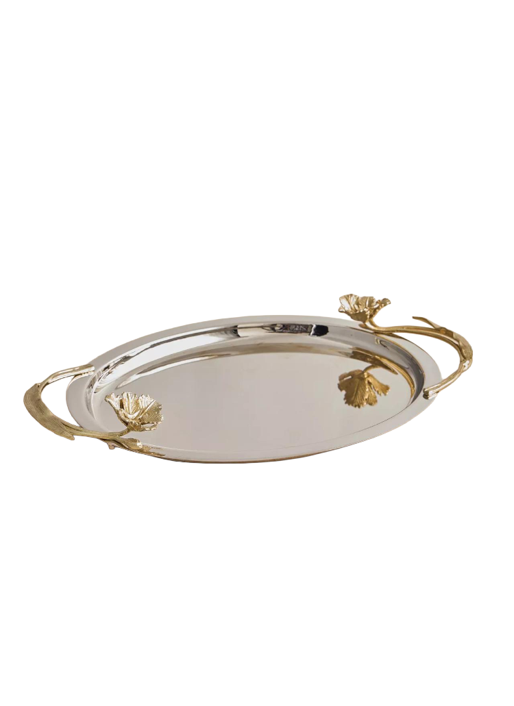 Oval Steel Tray with Brass Floral Handles
